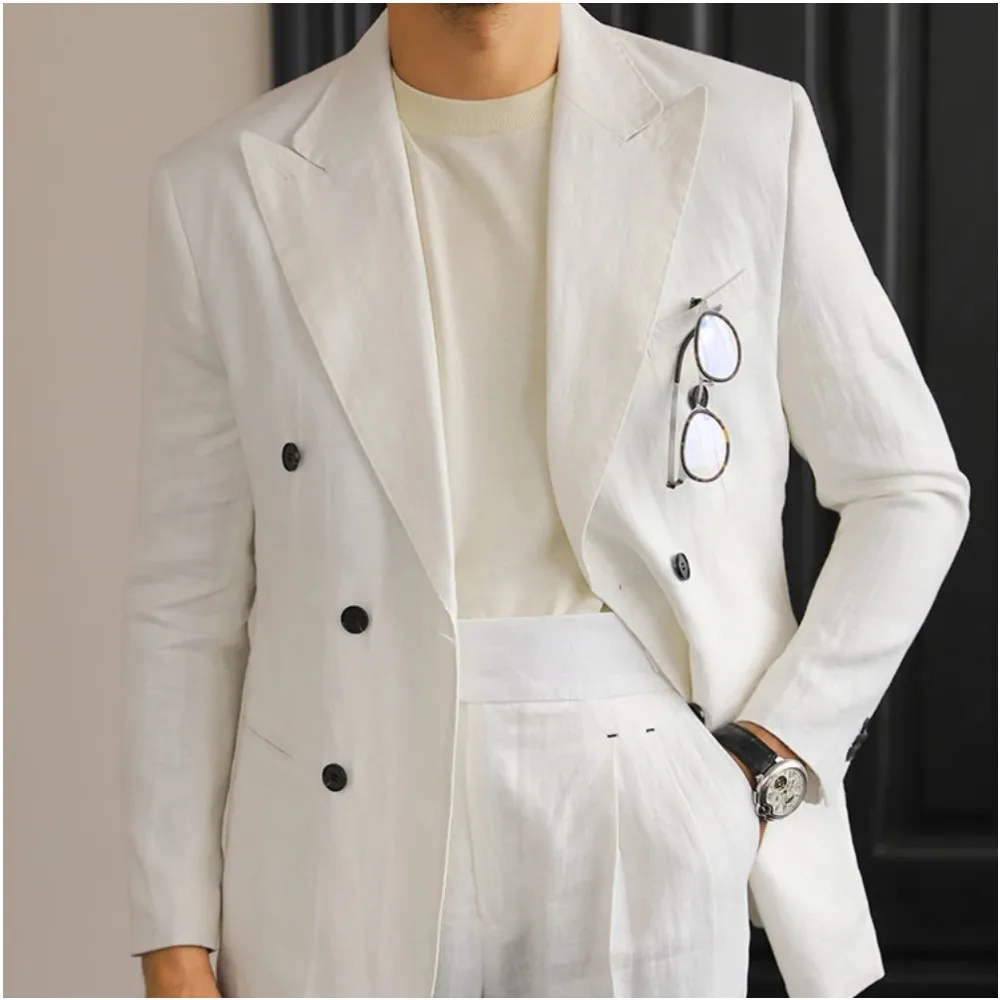 

Causal Linen Men's Suit Double Breasted Italian Slim Fit Business Double Breasetd Retro 2 Piece Wedding Groom Blazer Jacket Pant