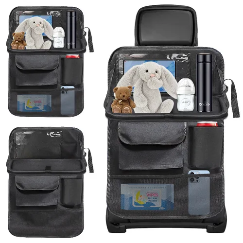 Organizador de asiento trasero de coche con pantalla táctil, soporte plegable para tableta, bolsillos de almacenamiento, bolsas, protectores de respaldo de asiento para viaje de niños