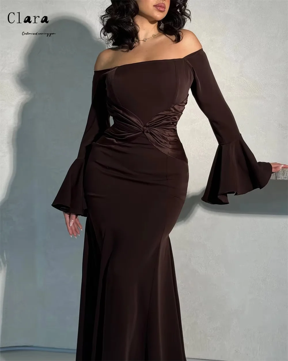 Clara personalizado fuera del hombro de manga larga cola de pez tubo Top elegante vestido de noche de boda de lujo 2025 vestidos de fiesta de lujo elegante