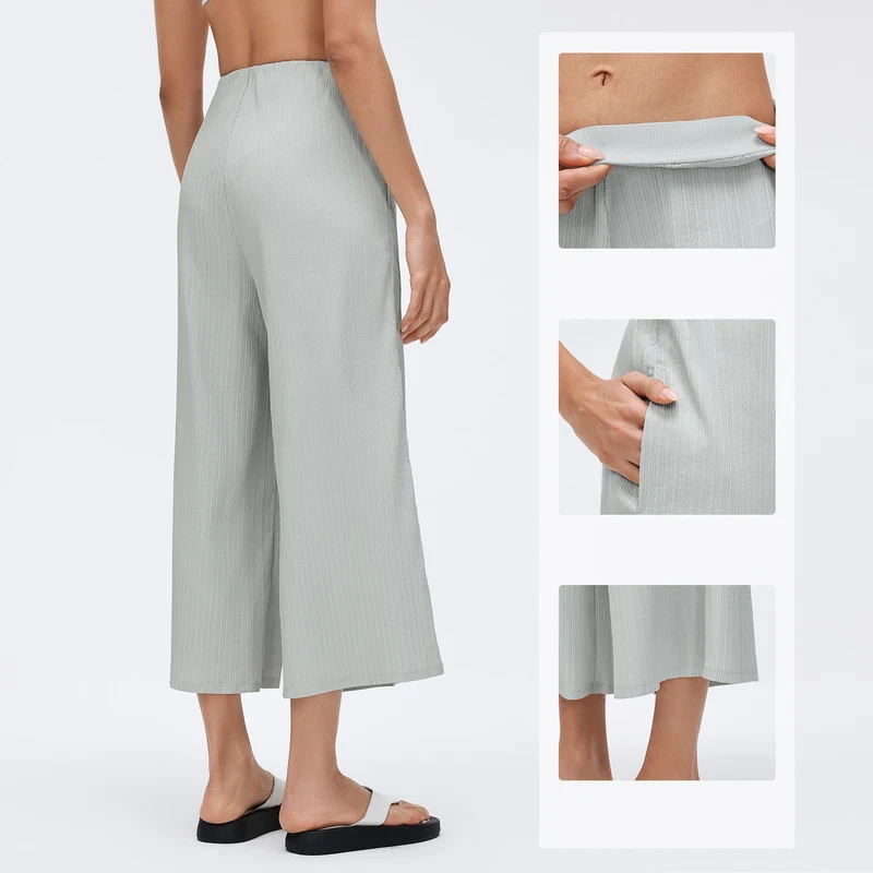 Women's High Waist Straight Leg Capri Pants, Casual Wide Leg Pants, Loose Breathable Fitness Pants with Pockets,