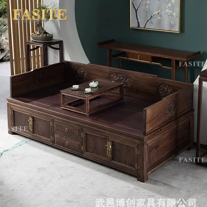 For New Chinese Style Solid Wood Arhat Bed Zen Old Elm Box Sofa Couch Rice Push-Pull Bed Small Apartment Living Room