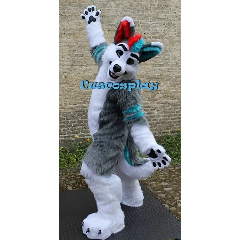 Mascot Costumes Long Fur Furry Grey Wolf Husky Dog Fox Fursuit Mascot Fancy Party Dress Halloween Costumes Adult Size