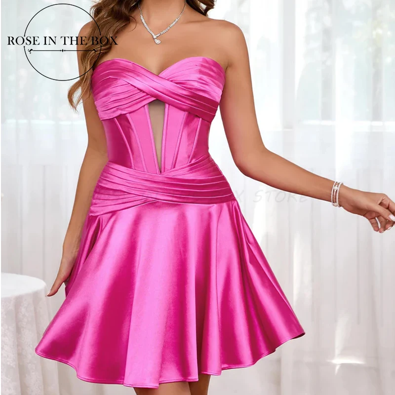 

ROSEINTHEBOX Sexy Starpless Sweetheart Homecoming Dresses Satin Criss-Cross Corset Top Mini Party Dress Customized