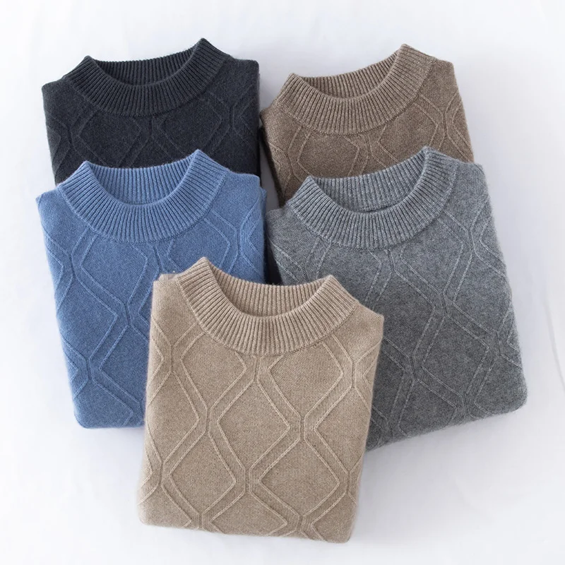 Half high neck cashmere sweatermen's double stranded thick diamond shaped business casual versatile sweaterwinter 100% cashmere