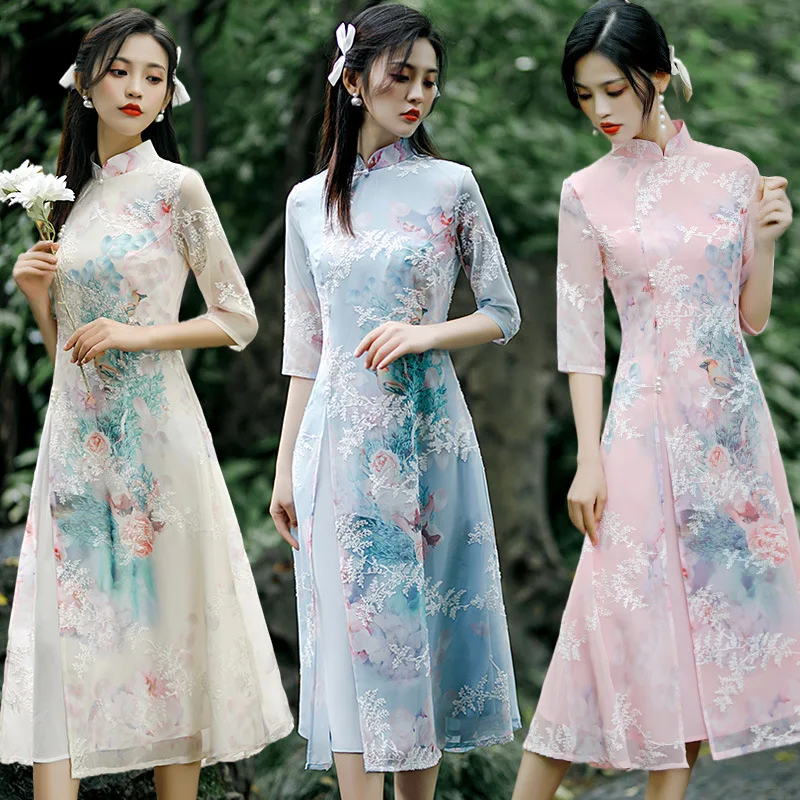 

2022 Summer New Cheongsam Women's Chiffon Improved Cheongsam Young Chinese Style Medium Long Printed Cheongsam Skirt S-5XL