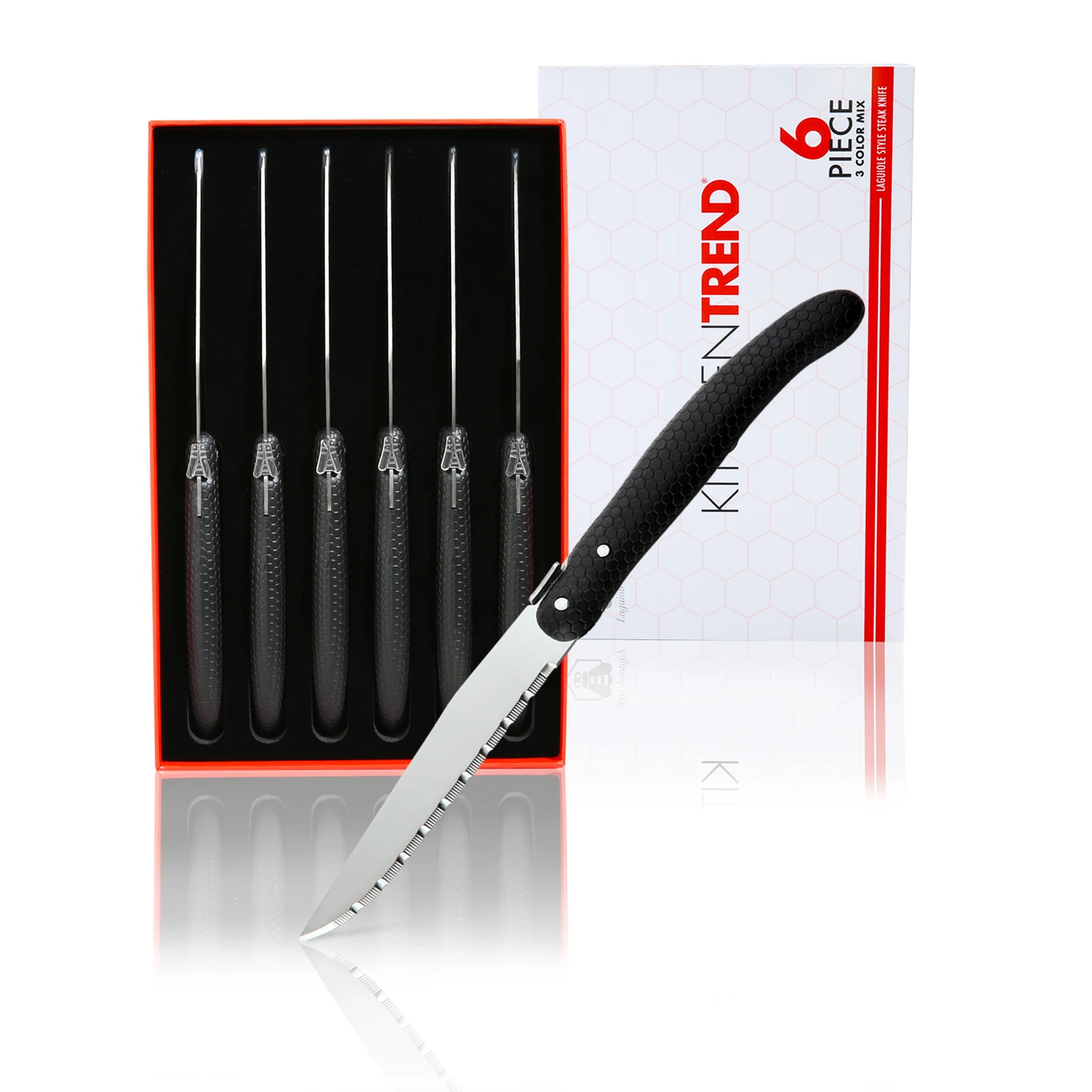KitchenTrend 6Pcs Laguiole Style Steak Knives Set Stainless Steel Micro Serrated Sharp Table Dinner Knives Dishwasher Safe Kitchen Meat Cutting Knife Gift Box