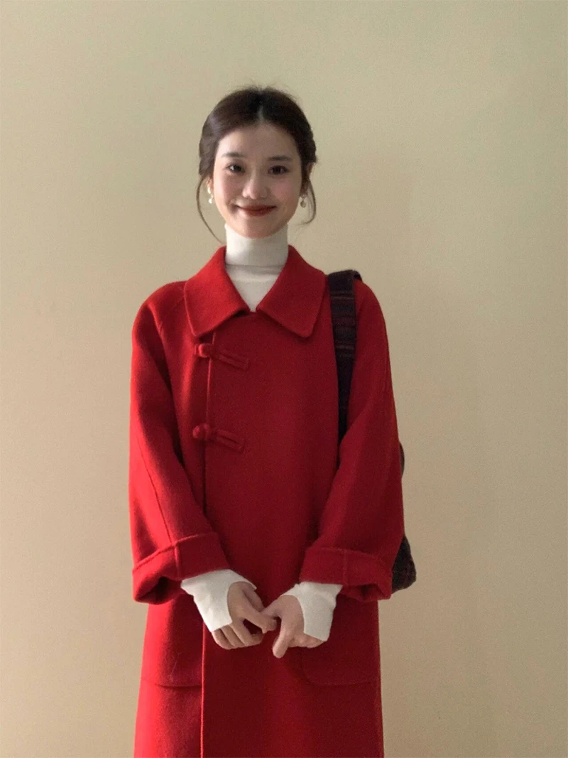 

Red Chinese Style Woolen Coat for Women Mid-Length Fashionable Wedding Invitation Wine Serving Suit Outerwear