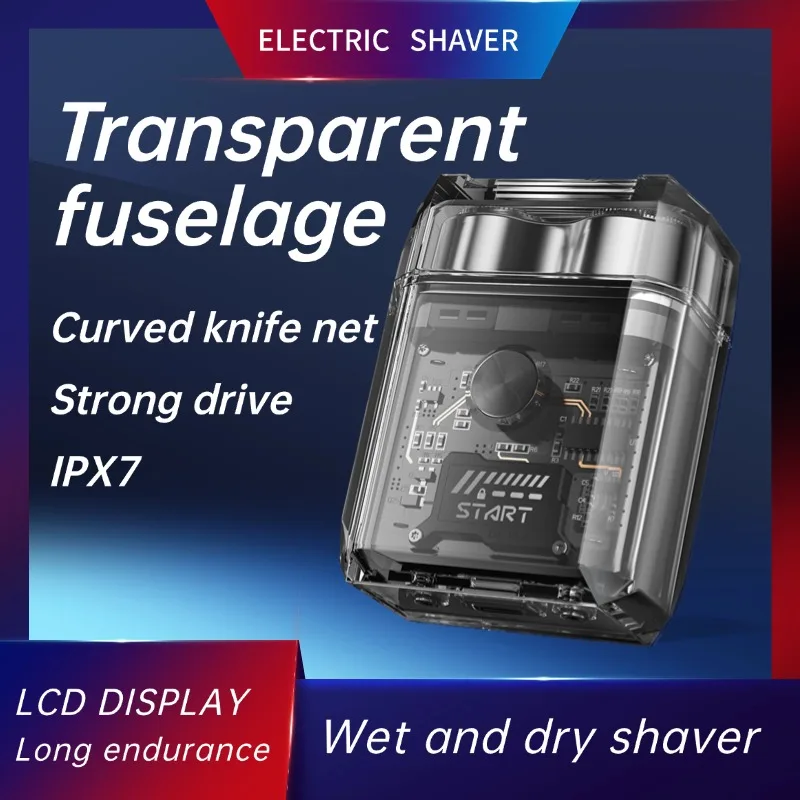 

Cyberpunk Transparent Electric Shaver for Men - IPX7 Waterproof, 360° Magnetic Blades, LCD Display & Travel Lock, Portable Gift