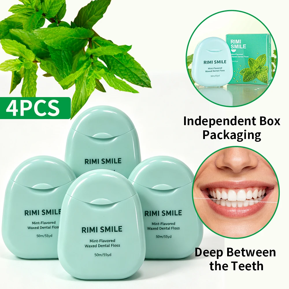 4PCS Mint‑Flavored Dental Floss 50M, RIMI SMILE Compact Floss Case with Individual Paper Box, Deep Clean Interdental Spaces
