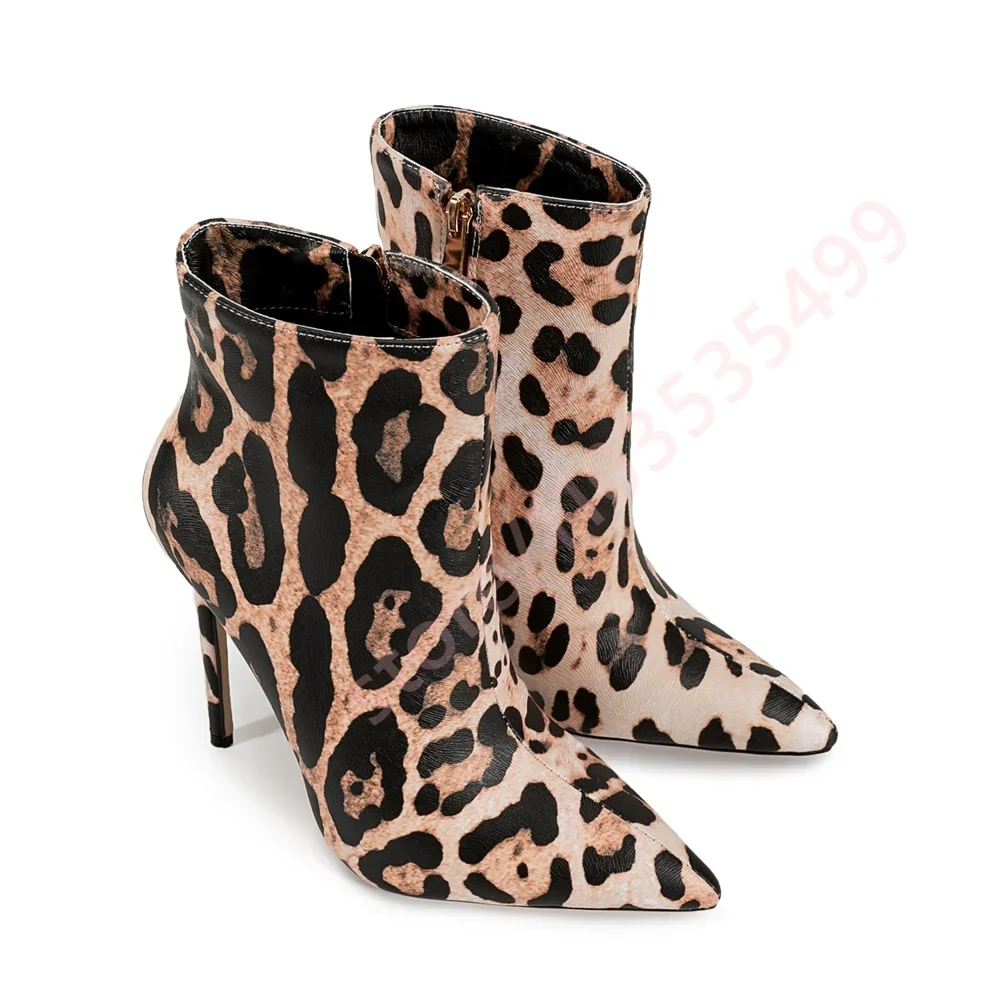

2025 Women's Pointed-Toe Leopard Print Zipper Stiletto Boots Sexy Runway Short Boot for Fall Street Fashion Party Casual Wear