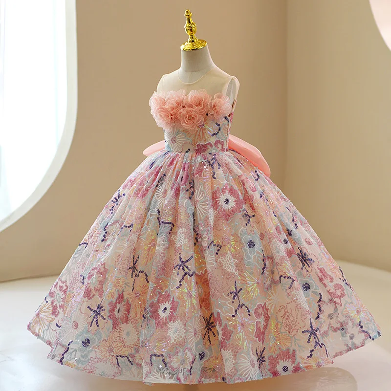 Girls' High-End Luxury Princess Dress Children's Fashion Show Host Puffy Dress Piano Performance Competition Long Dress Spring