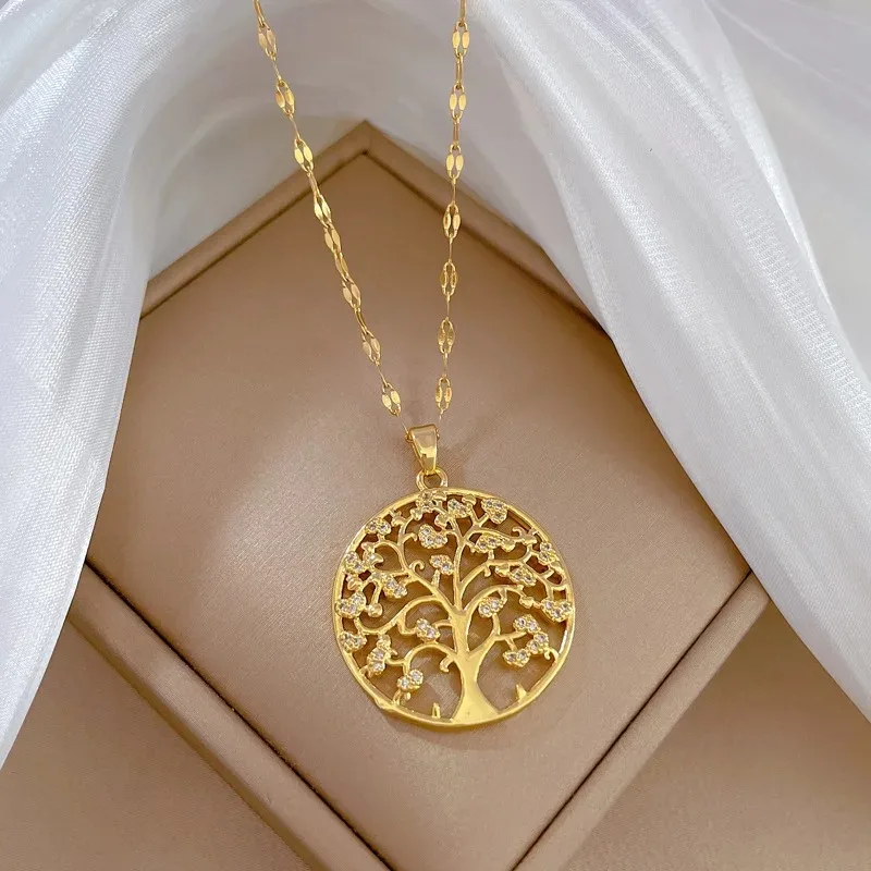 Temperamental Luxury Rhinestone Tree of Life Pendant Necklace Women Vintage Stainless Steel Waterproof Chain Aesthetic Jewelry image 5