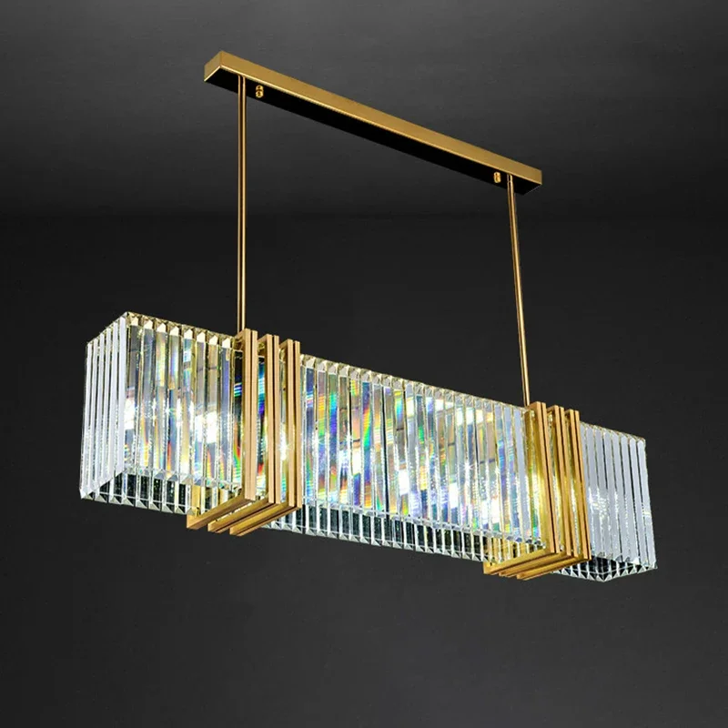 

Modern rectangle crystal chandelier dining room hanging light fixture brushed gold kitchen island led cristal lustre lamp