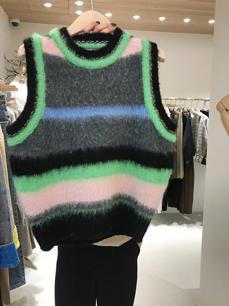 

Autumn Contrast Color O Neck Striped Knitted Vest Sleeveless Sweater Top Retro Pull Y2k Chaleco Mujer Korean