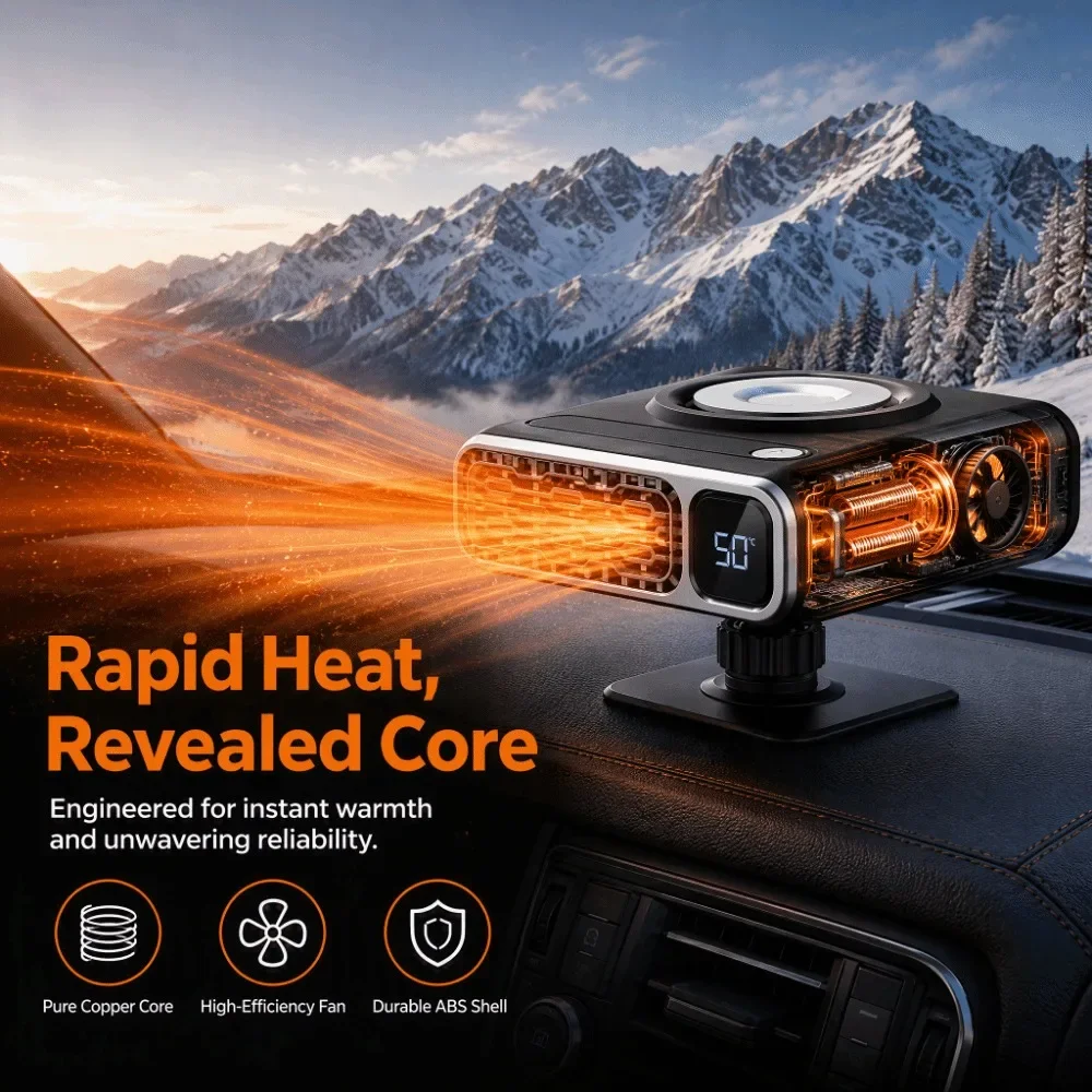 12V Silent Car Heater Fan Windshield Defroster Demister Digital Display Electric Warmer 360 Degree Adjustable Fast Heating