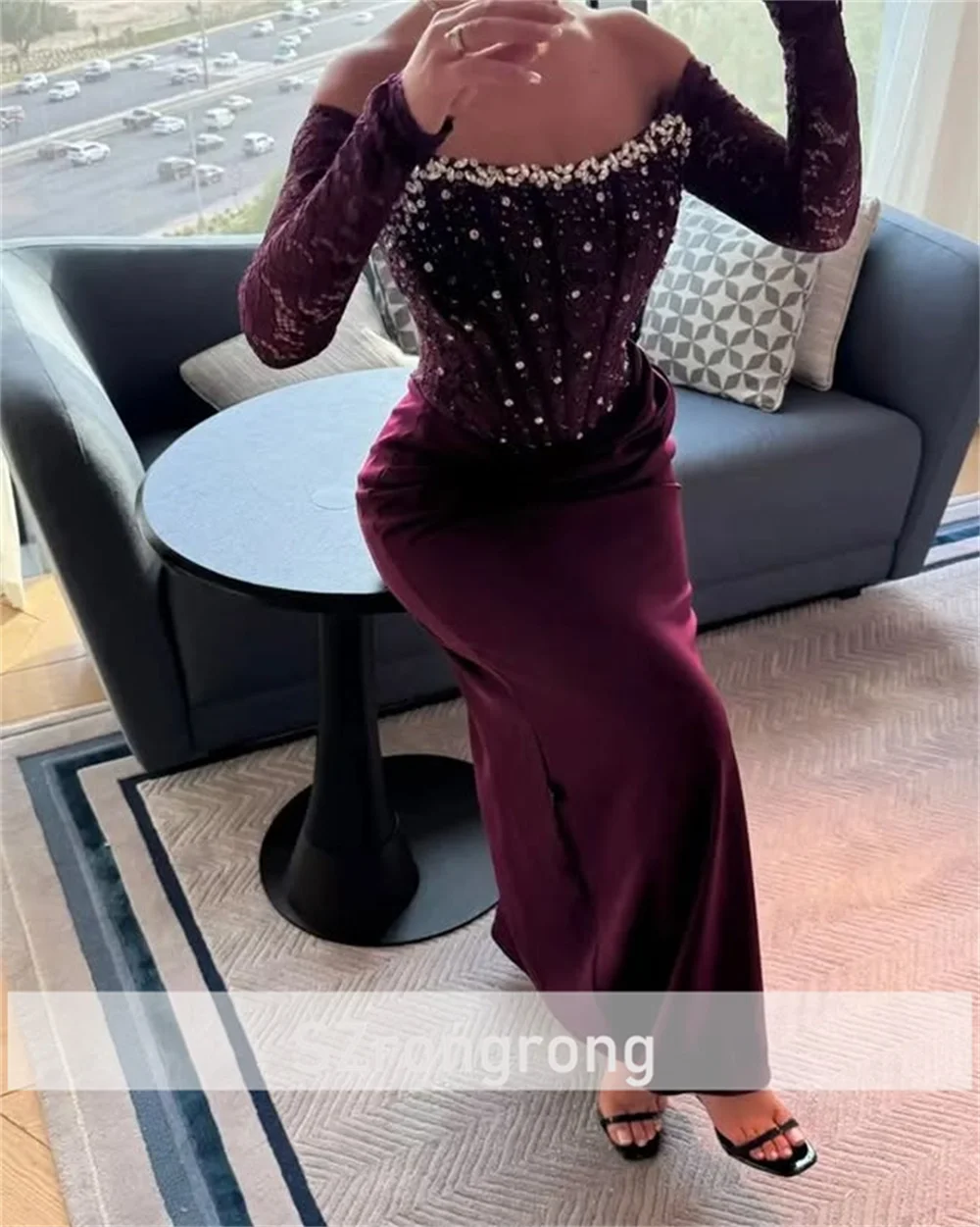 Strapless cetim frisado cristal plissado espartilho lindo vestidos de noite sem costas bainha 3/4 manga longa baile de formatura vestido saudita para mulher