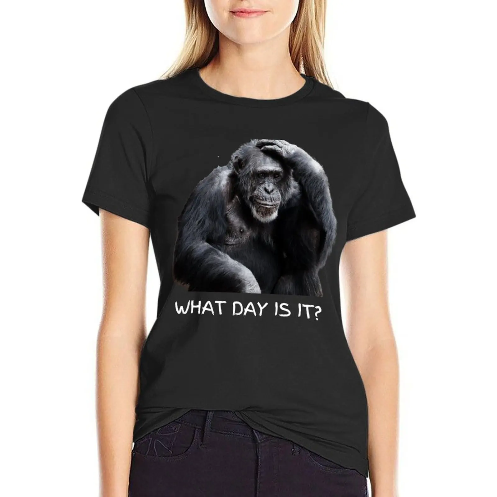 

What day is it Confused Chimp. Photograph and white, handwritten text T-Shirt hippie clothes blanks t shirt Women