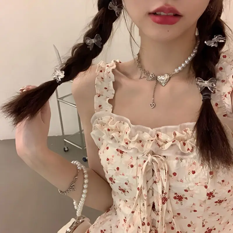 Frauen Floral Hosenträger Mini Kleid Japanischen Süße Gedruckt Bandage Taille A-linie Kleider Sommer Chic Casual Strand Vestidos