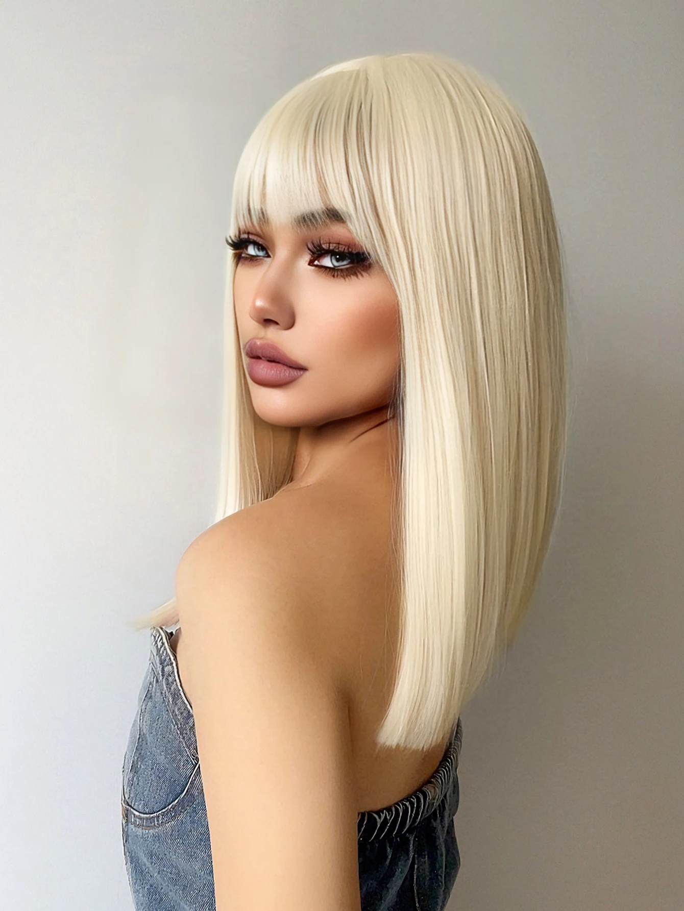 18 Zoll platinblonde synthetische Perücken mit Pony, lange natürliche glatte Haare, Perücke für Frauen, täglicher Gebrauch, Cosplay, Party, hitzebeständig