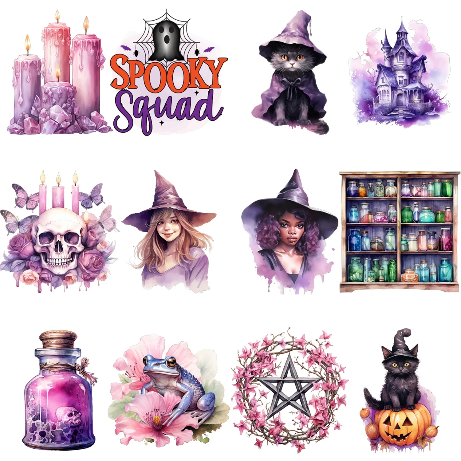 Pegatinas de transferencia de hierro con gráfico de tema de bruja púrpura para prendas de bricolaje, camisetas, chaqueta vaquera, máscara, mochila, Chaquetas vaqueras, paquete de 12