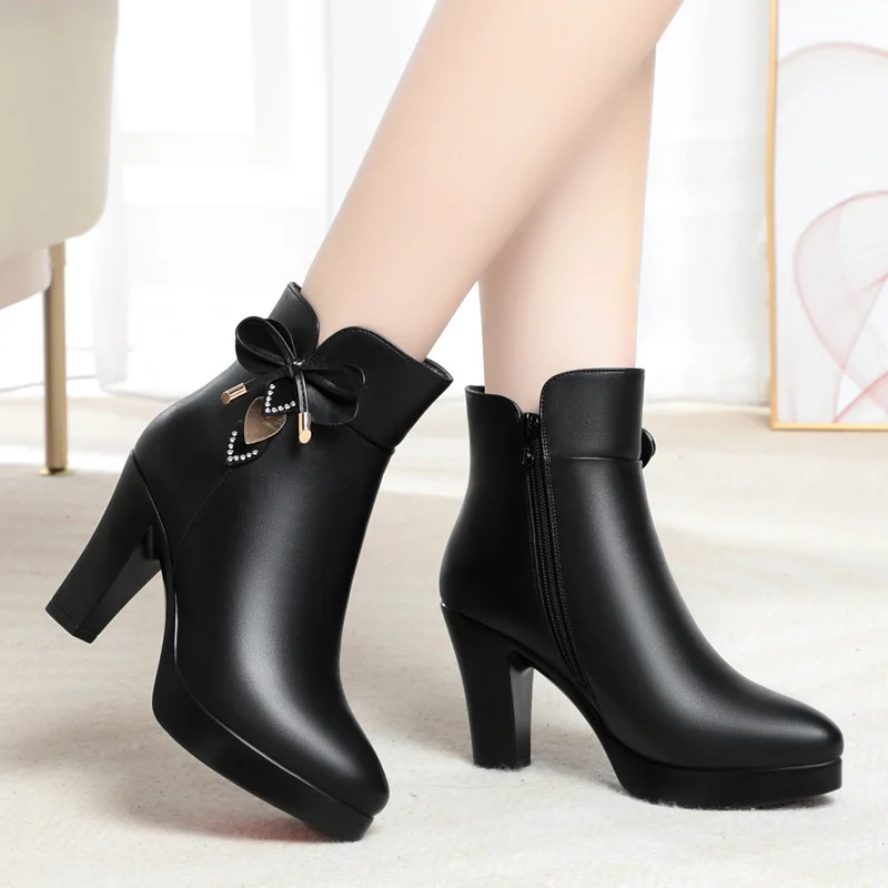 Women\'s Winter Pointed Toe Waterproof Platform Ankle Boots Students Thick-heeled New Mother Anti-slip Cotton Short Boots