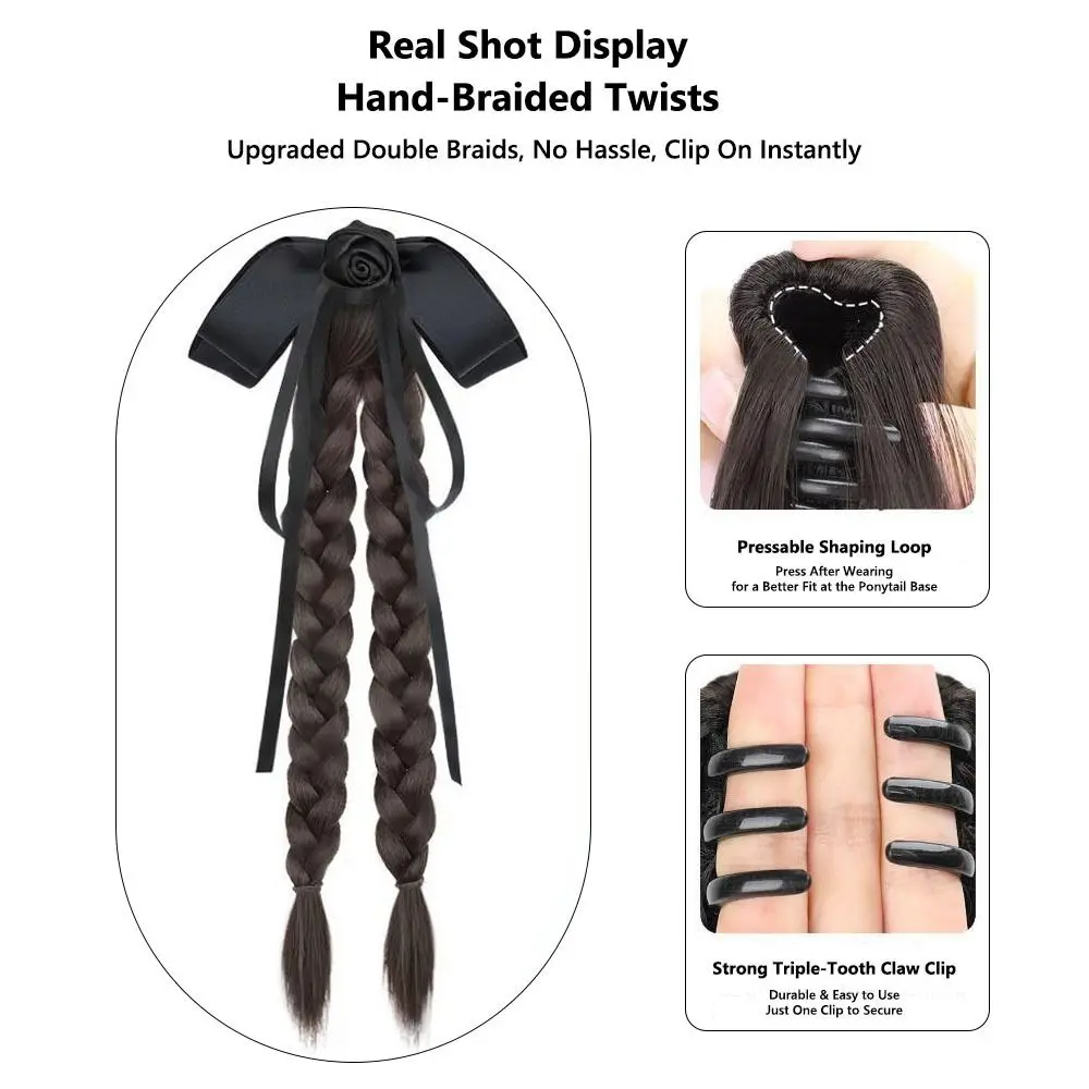 

Двойная плетеная коса для парика, зажим для волос с ленточным бантом, синтетический пучок для волос, зажимы для парика в китайском стиле для женщин