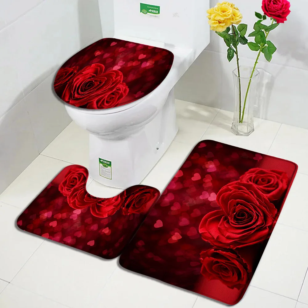 Red Rose Flowers Bath Mat Set Heart Shaped Floral Valentine\'s Day Woman Girl Home Carpet Bathroom Decor Floor Rugs Toilet Cover