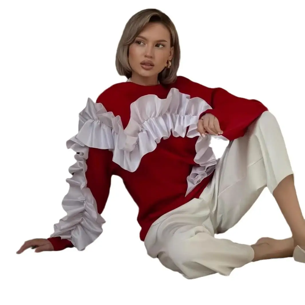 Kolorowy, długi, ocieplany sweter z okrągłym dekoltem, luźny, damski, z ozdobną koronką, wiosenny top.