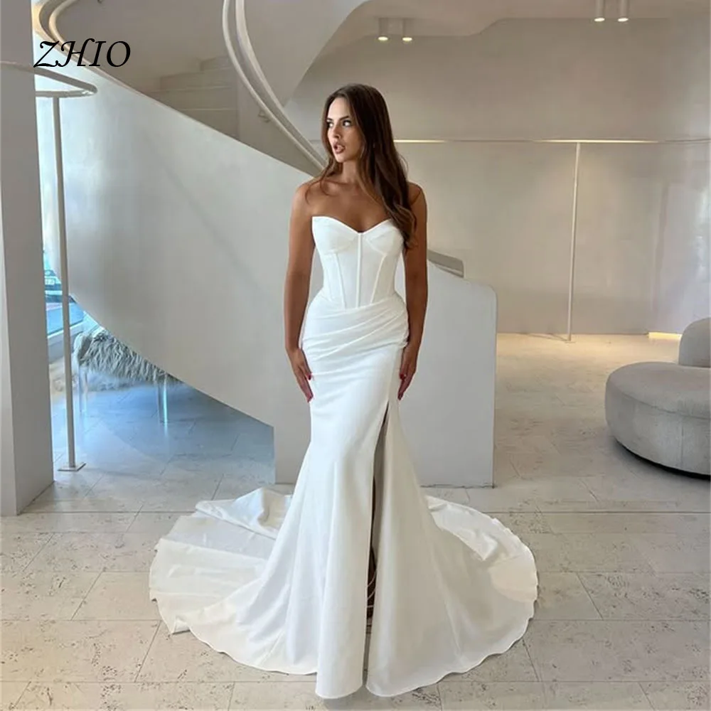 ZHIO モダンな恋人の襟のウェディングドレスプリーツ A ラインソフトシルクサテンスイープトレインブライダルガウンカスタマイズされたローブ・デ・マリエ 2026