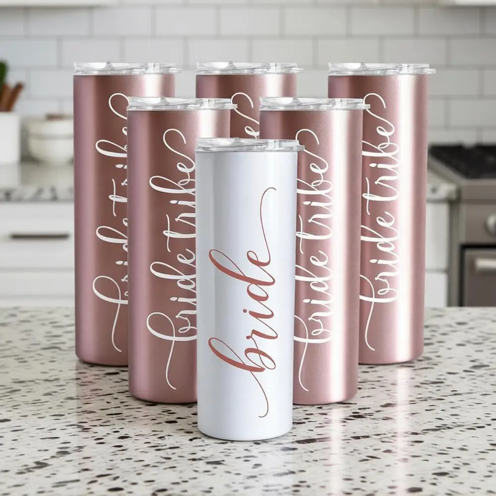 

Тонкий стакан-термос на 20 унций для подружек невесты | Подарки на помолвку и свадьбу | Изолированные узкие стаканы цвета розового золота