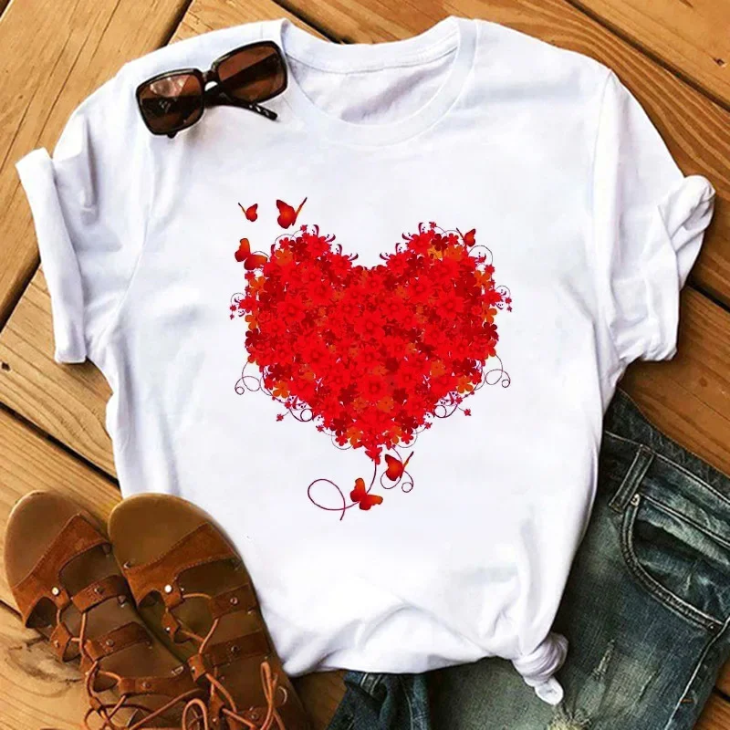 

Love Flower Print Women T-shirt Cartoon White Letter Short Sleeve T Shirt Female Harajuku Round Neck Unisex Clothes Top Y2k Tee