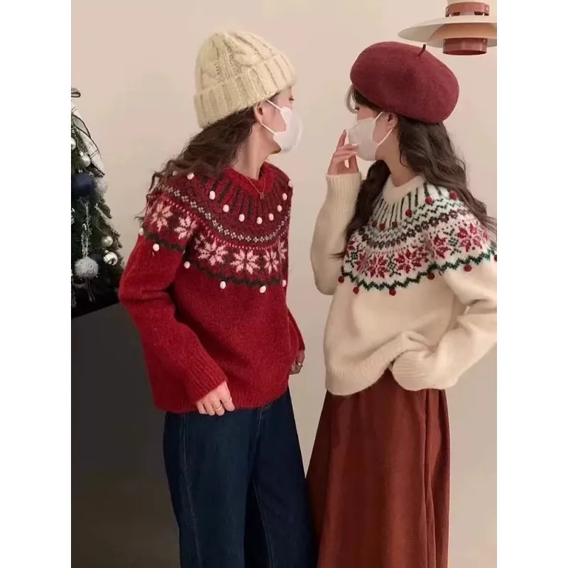 

Women's Christmas New Year Red Sweater Thick round Neck Knitted Retro Jacquard Top for Festive Wear