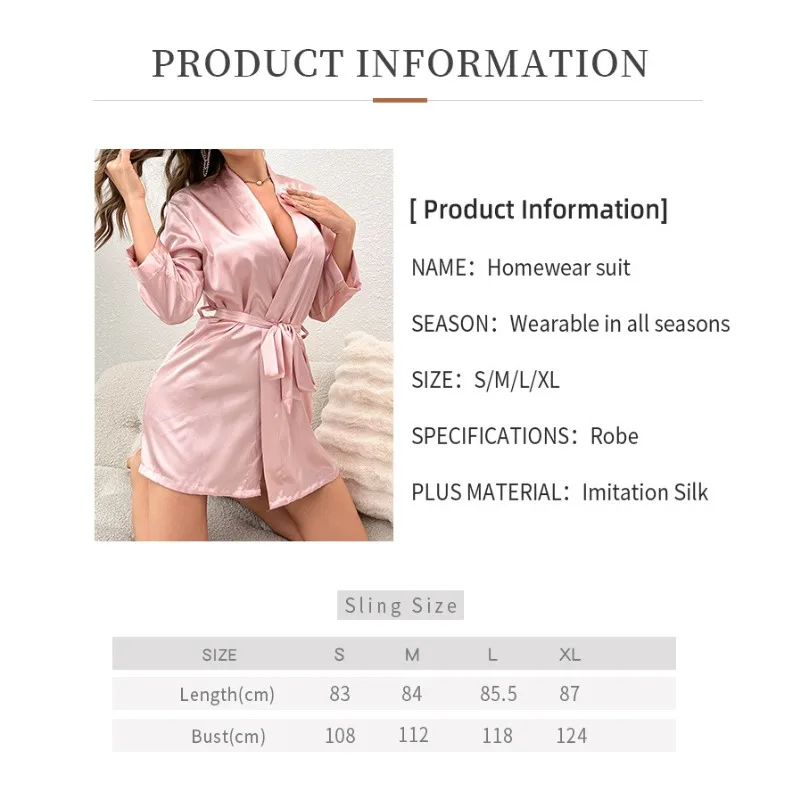Fashion Solid Color Mid Sleeved Women's Nightgown Luxury Summer Short Lace Up Bathrobe Silk-like Thin and Sexy Pajamas Home Wear