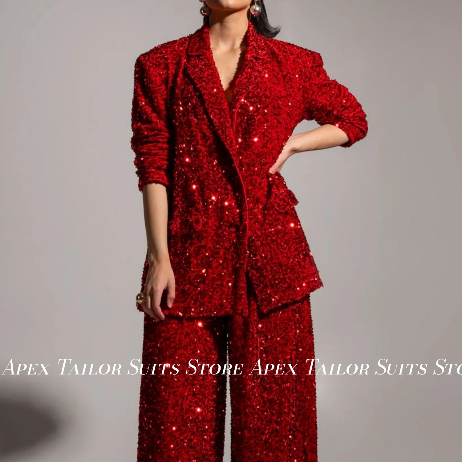Sparkly Sequin Women Blazer Two Piece Set Red Long Sleeve Jacket High Waist Wide Leg Trousers Party Club Formal Suit Outfit