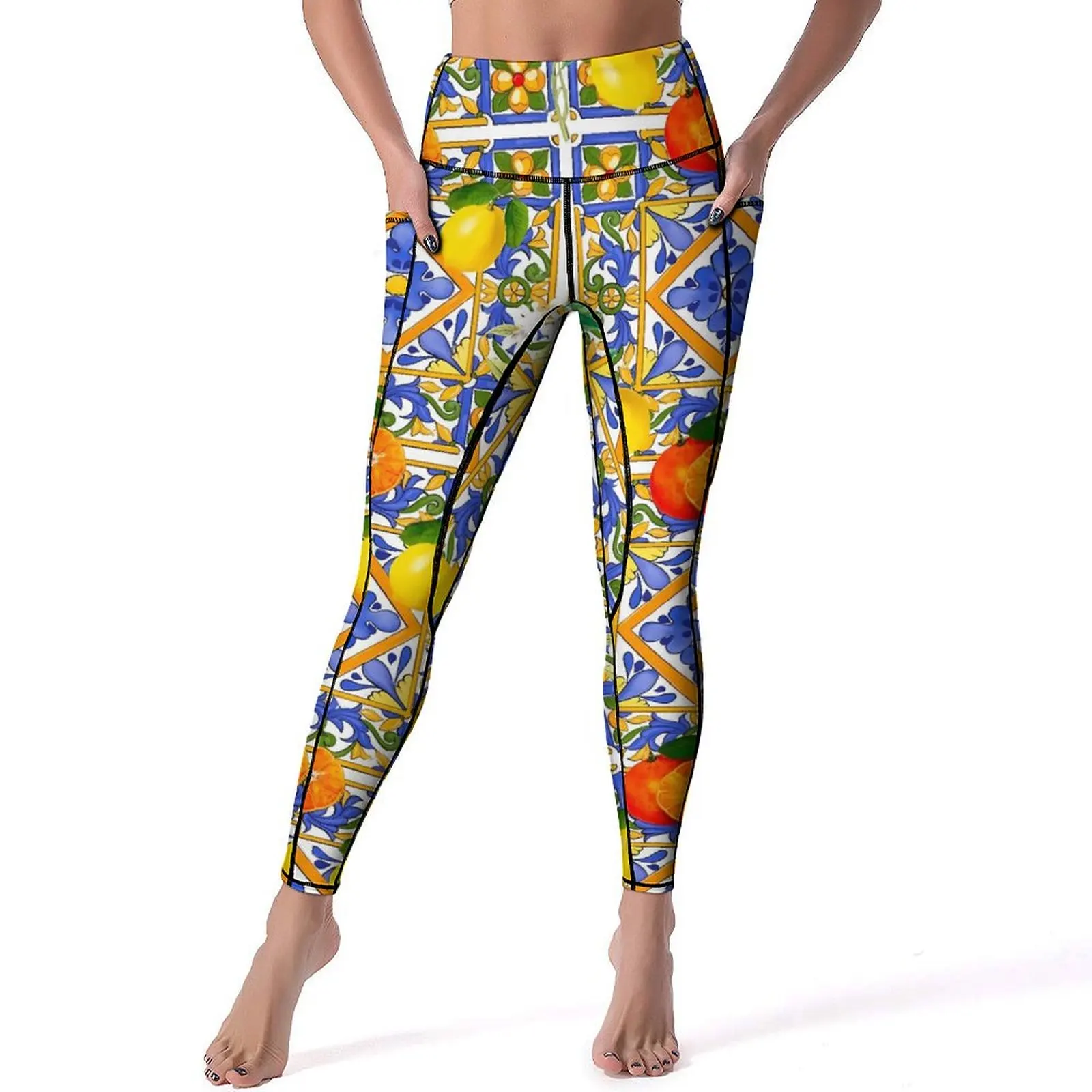 Retro  Fruit Print Leggings Citrus And Lemons Fitness Yoga Pants Push Up Retro Leggins Stretch Printed Sport Legging Gift