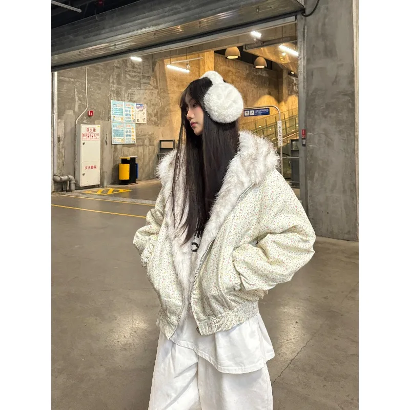 

American Fashion Double-sided Coat for Women Winter Thick Warm Fur Collar Cotton Jacket Camouflage Jacket Female Clothing