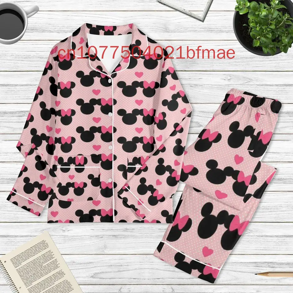 Disney Cute Minnie Pajamas Set Spring and Summer New Women's Casual Shirt Long Sleeved Pajamas