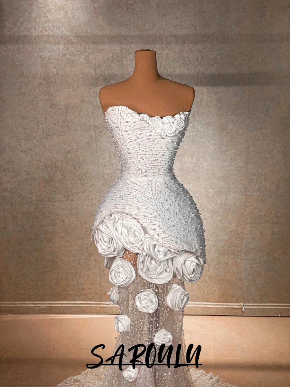 

Romantic Pearls 3D Flowers Mermaid Wedding Dress Elegant Strapless Illusion Bridal Gown Customized Charming Long Bride Wear