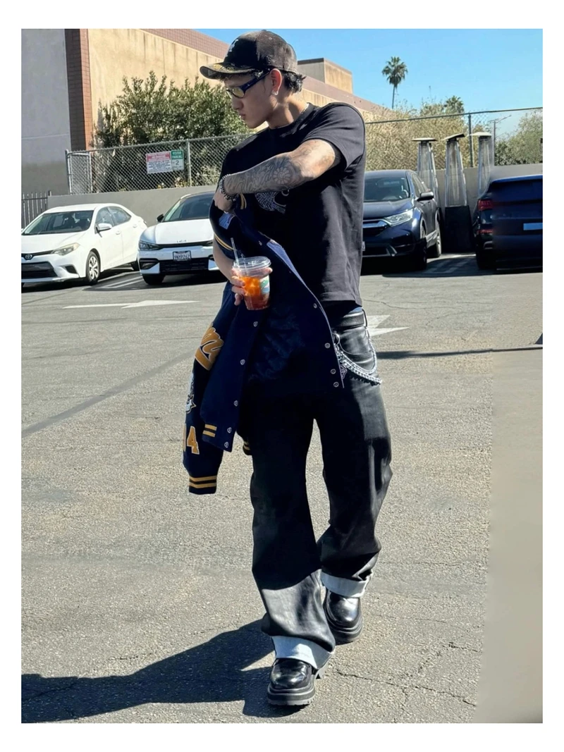 هاي ستريت جان السراويل RO نمط 25SS جديد الأصلي اللون مستقيم أنبوب فضفاض فرشاة الشمع المغلفة الشارع الشهير عارضة الدنيم السراويل #5