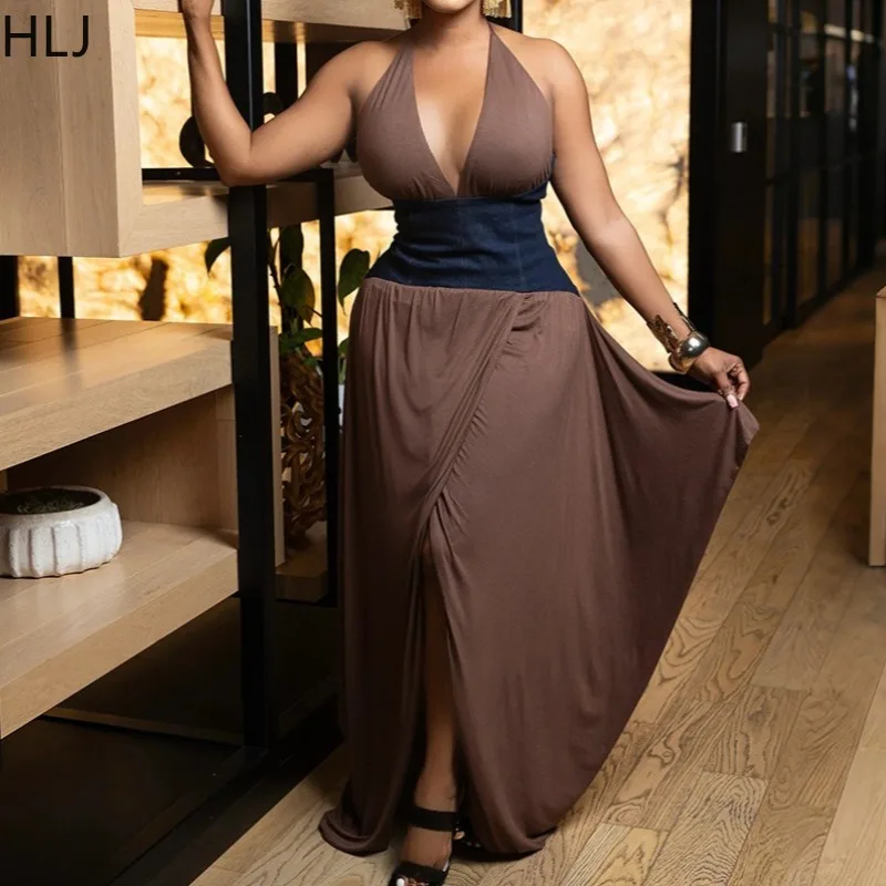 HLJ مثير غير النظامية Ruched المرقعة Bodycon فستان طويل المرأة الرسن العميق الخامس الرقبة عارية الذراعين فستان ماكسي الإناث الشارع الشهير 2025 جديد