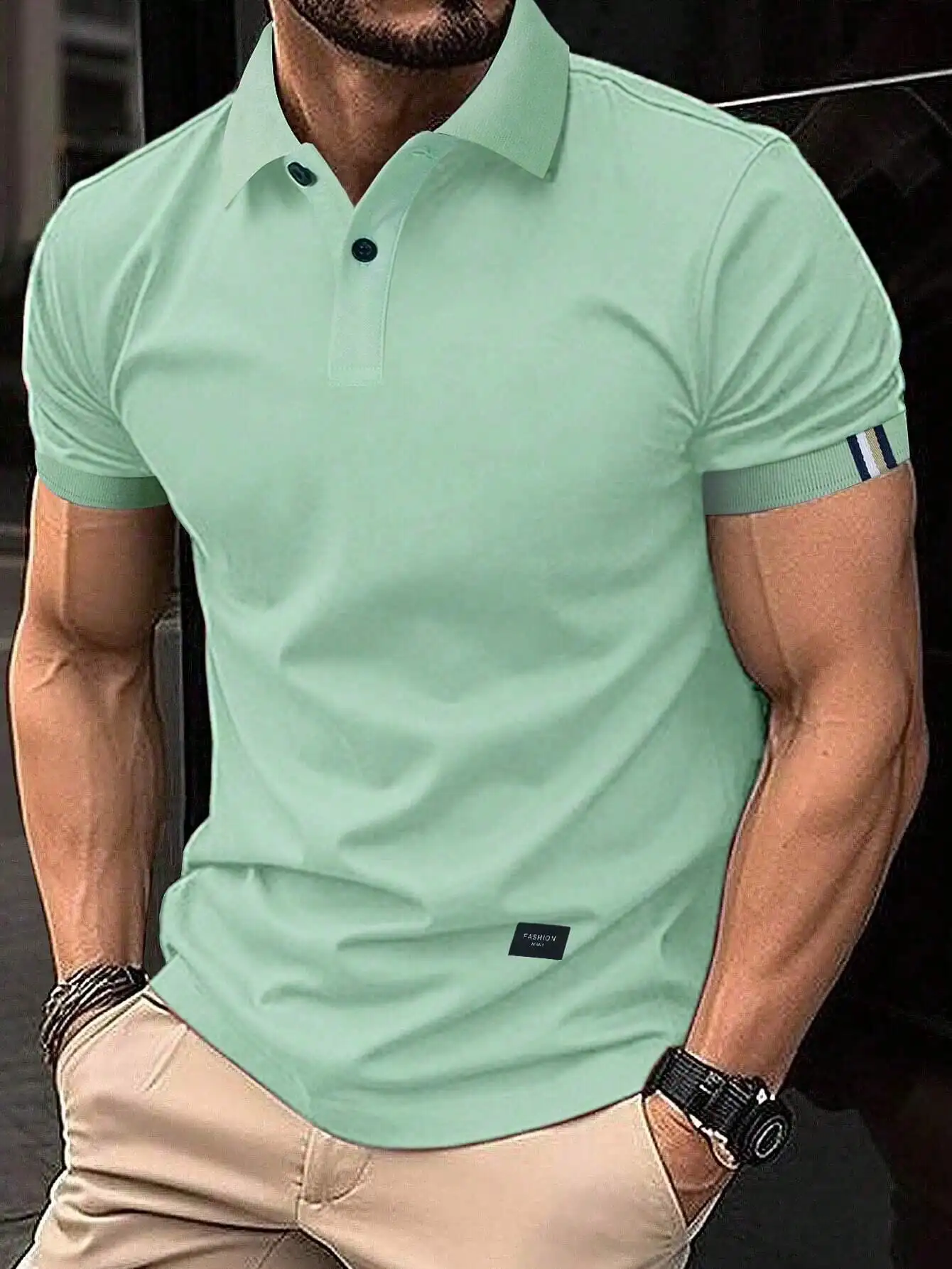 

Men's Mint Green Casual Polo Shirt with Striped Cuff Detail