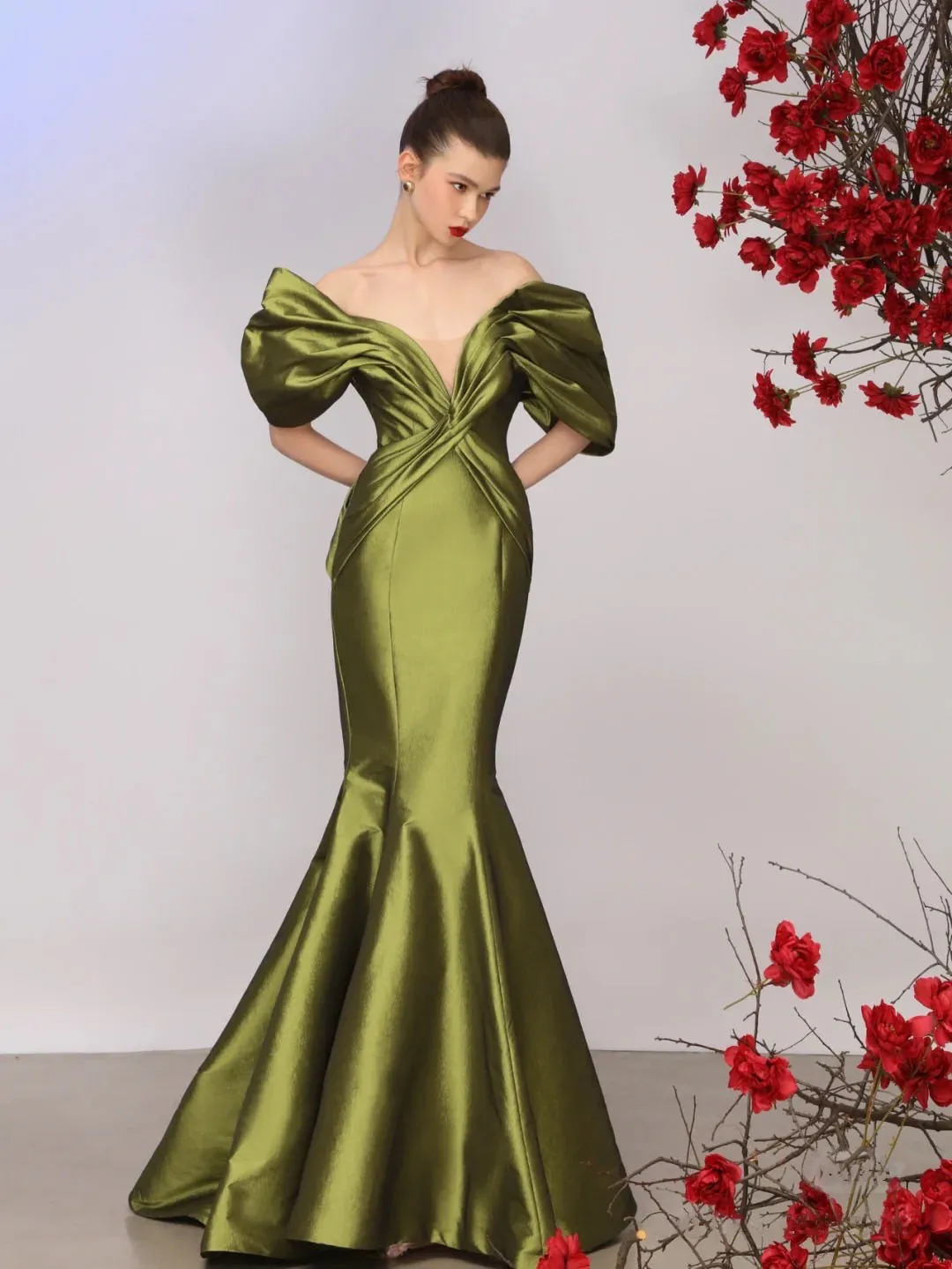 RONGKUN Green Silk Satin Mermaid Evening Dress 2023 Off The Shoulder Women Formal Prom Gowns Party Robes De Soiree Custom Made