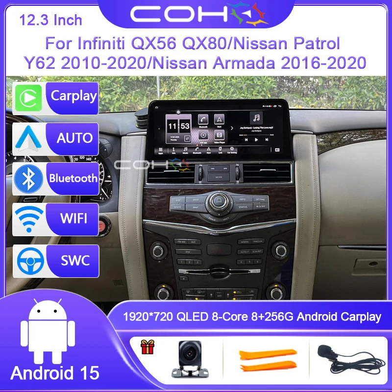 12.3 Inch For Infiniti QX56 QX80/Nissan Patrol Y62 2010-2020/Nissan Armada 2016-2020 Car Multimedia Player Gps Radio Android 15