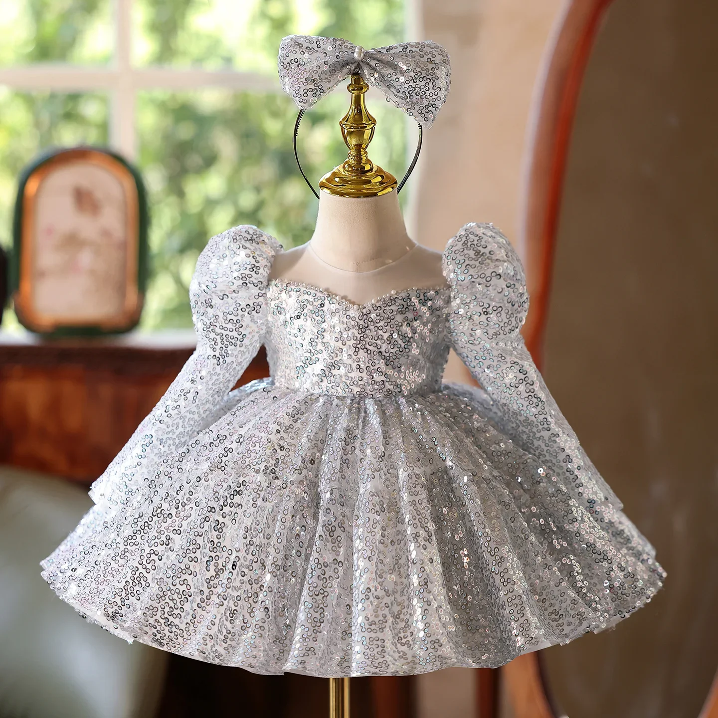Baby Girl One Year Old Evening Gown Princess Dress Sequin Long Sleeves Performance Costume Children Girls High End Frocks New