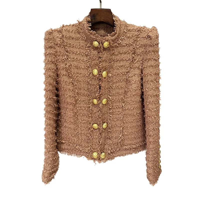 Classic Luxury Lion Head Gold Buttons Jacket for Women Tasseled Tweed Stand-Up Collar Ourwears Ladies Winter Warm Slim Coats