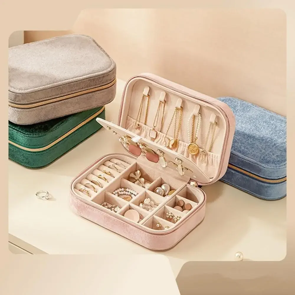 Double Layer Minimalist Jewelry Storage Box Portable Velvet Ring Earring Pendant Box Solid Plush Jewelry Packaging Display Case