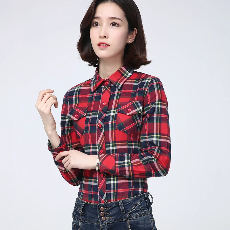 Casual Flannel Plaid Shirt Women 2024 Autumn New Women\'s Slim College Style Shirts & Blouses Lady  Fresh Checked Tops Clothes