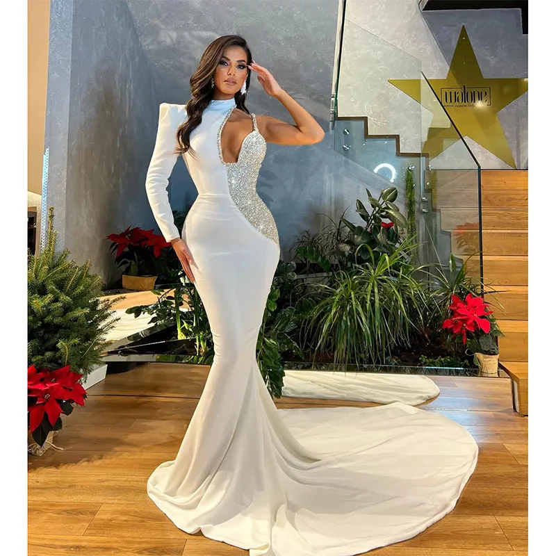 Vestidos de Noche de sirena blancos elegantes, un hombro, lentejuelas, vestido largo Formal para fiesta de graduación, vestidos plisados para ocasiones especiales