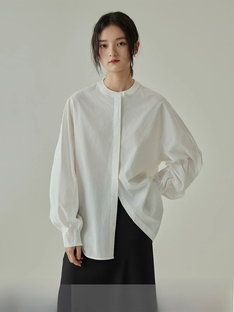 

Белая повседневная базовая длинная рубашка для женщин на весну-осень с воротником-стойкой, универсальная, свободного кроя, на пуговицах, с цветочным узором