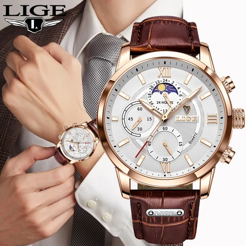 Relojes LIGE de lujo a la moda para hombre, reloj Retro informal con correa de cuero, reloj de cuarzo para hombre, relojes de negocios, cronógrafo deportivo resistente al agua con fecha